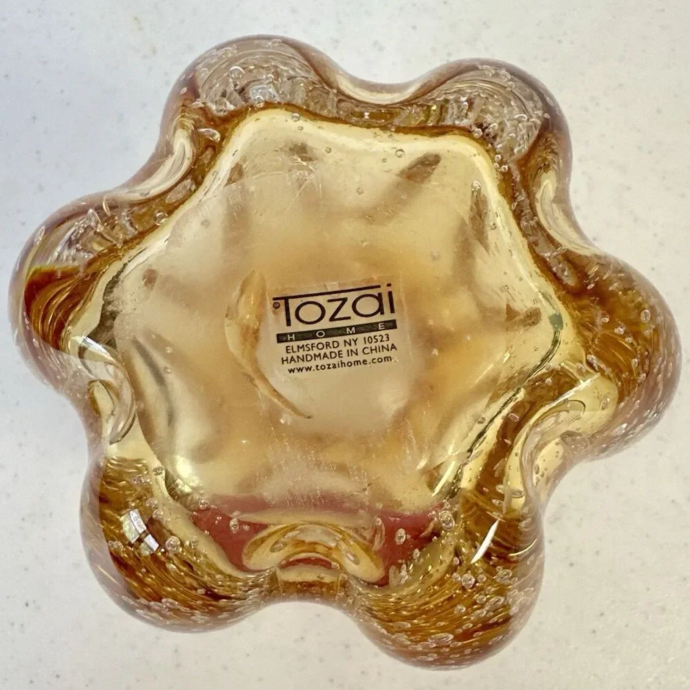 Amber‎ Heavy Art Glass Bowl By Tozai Vase Multiple Bubbles Ribbon Rim - Picture 6 of 7